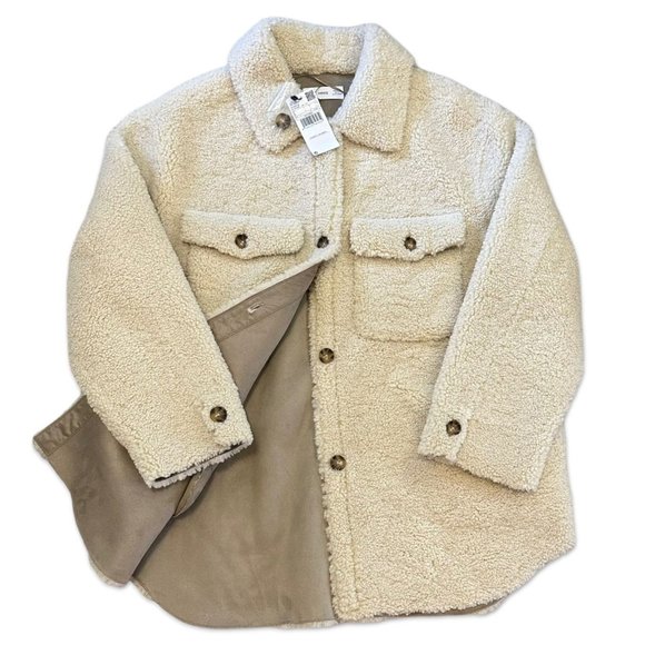 Mango Jackets & Blazers - MNG by MANGO Oversized Jacket Shacket Size L Faux Shearling Button Up Cream
